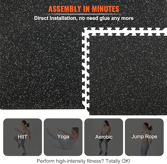 VEVOR 6PCS 0.56 inch Thick Gym Floor Mats, 25" x 25" EVA Foam & Rubber Top Interlocking Workout Floor Mats with 24 sq.ft Coverage, Waterproof Exercise Puzzle Flooring for Gym, Home, Garage, Basement