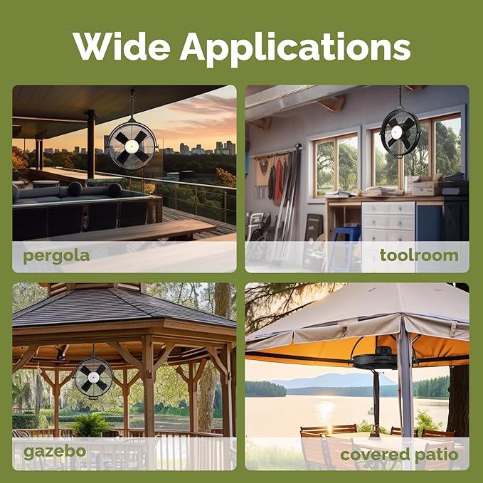 Orison 24.8'' Waterproof Outdoor Ceiling Fan, 6 Speed Ceiling Mounted Plug-In Cord Garage Fan with Remote&APP, 360-degree Manual Vertical Rotation, Hook hanging for Gazebo, Patio, Pergola (Black)