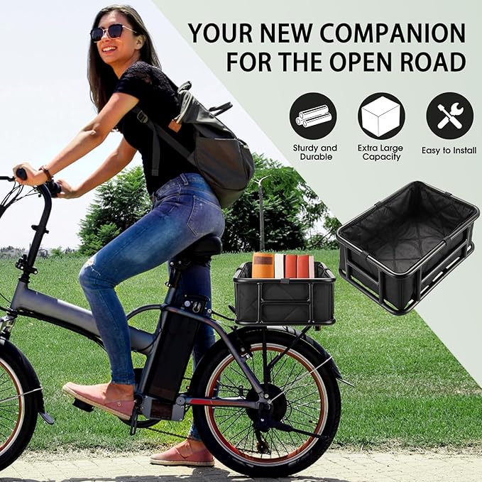 RAYMACE Rear Rack Bike Basket with Cargo Net and Liner Large Bicycle Basket Perfect Mount for Electric Bike
