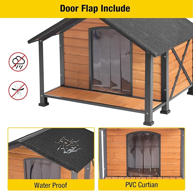 Aivituvin Dog House with Insulated Liner Outdoor All-Around Iron Frame Dog Kennel Outside with Overhang Roof Large Porch Weatherproof