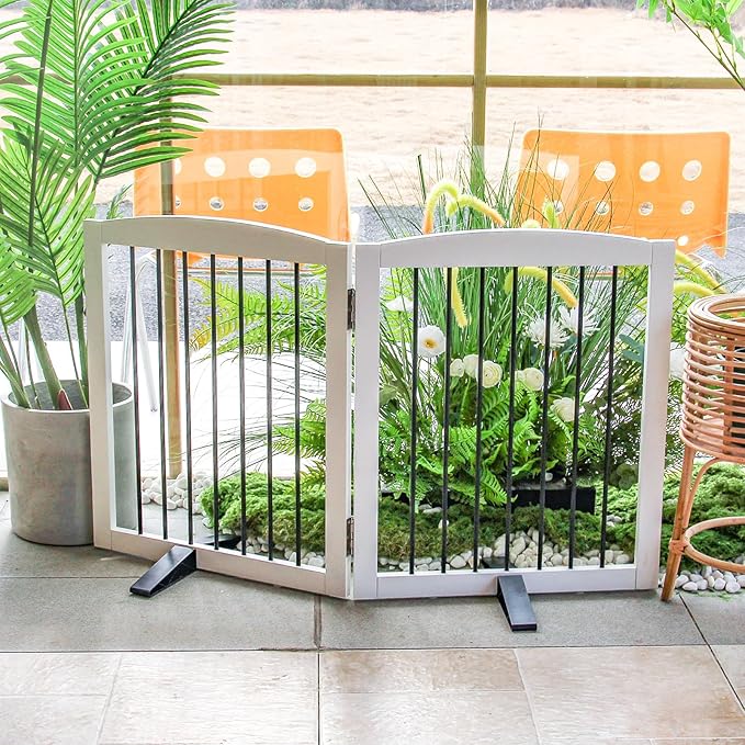 ZJSF Freestanding Foldable Indoor Dog Fence for Stairs Wood White Long Pet Gates for Dogs, Dog Gates for Hallways,Puppy Gates for House Support Feet Included 24 "Height-2 Panels