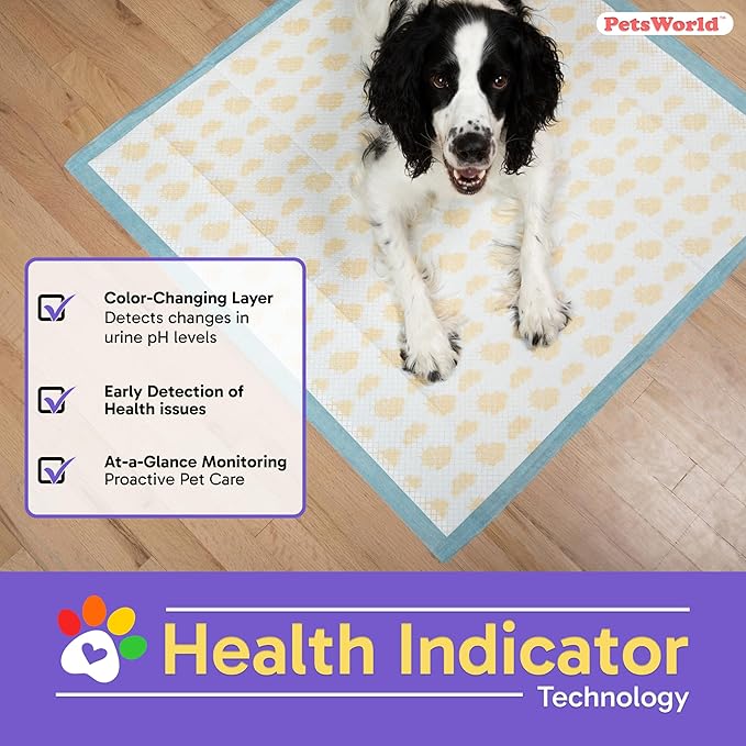 PETSWORLD Giant Dog Potty Pads, Odor-Eliminating, 36" x 36", Ultra Absorbent 5-Layer Leak-Proof Training Pads for Dogs & Cats (36x36 Health Indicating, 50 Count)