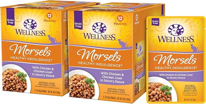 Wellness Healthly Indulgence Morsels Adult Wet Cat Food, Natural, Protein-Rich, Grain-Free, 3 Ounce Pouch, 24 Pack, (Chicken & Chicken Liver)