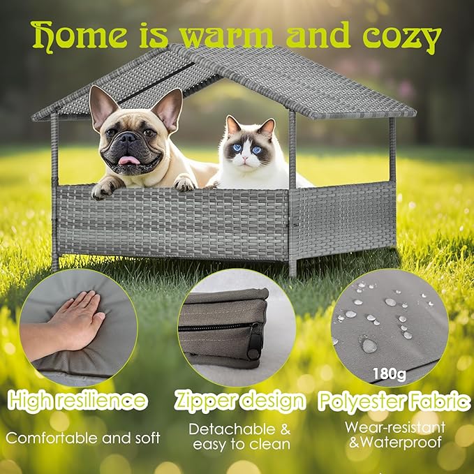 Wicker Dog House Outdoor Indoor with Canopy, Elevated Dog Shelter & Dog Bed with Light Gray Cushion, Water-Resistant Raised Pet House for Small Medium Dogs, Rattan Dog Cot for Deck, Patio, Yard, Pool