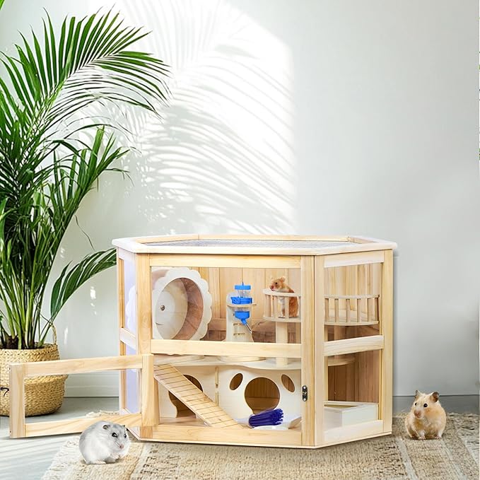 Wooden Hamster Cage 3 Tier Small Animal Cage,Large Syrian Hamster House with Openable Top and Acrylic Sheets 11-Piece Set (30" L x 20" W x 20" H)