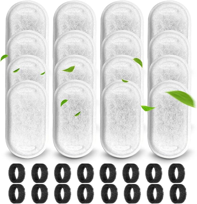 Cat Water Fountain Filters for 108/3.2L& 67oz/2L Stainless Steel Pet Water Dispenser,16 Cat Fountain Filter Replacement with 16 Sponges (16 Filters&16 Sponges)