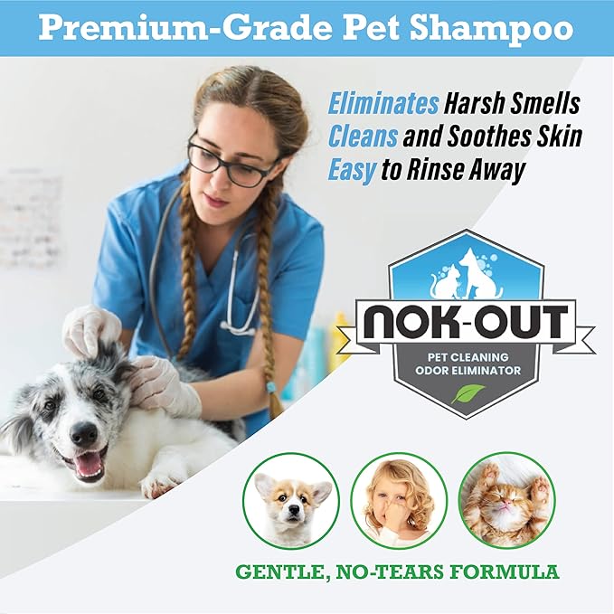 NOK OUT Premium Grade Pet Shampoo for Dogs and Cats, Veterinary Strength and Odor Eliminator Formula, Made in the USA, 20 Ounce Bottle, 6-Pack
