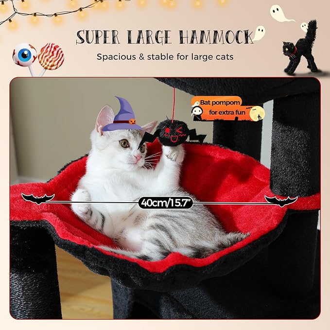 PAWZ Road Large Cat Tree, 41 Inches Gothic Cat Tower with 2 Spacious Condos for Indoor Cats, Large Black Cat House with Comfy Hammock, Padded Perch, Scratching Pad and Replaceable Balls-Black