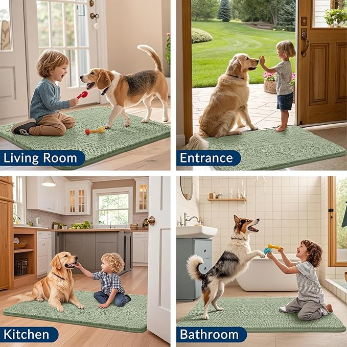 Smiry Dog Door Mat for Muddy Paws 30x20, Absorbs Moisture and Dirt Doormat, Non-Slip Washable Quick Dry Chenille Front Door Mat Indoor Entrance, Entryway Carpet for Inside Floor, Sage Green