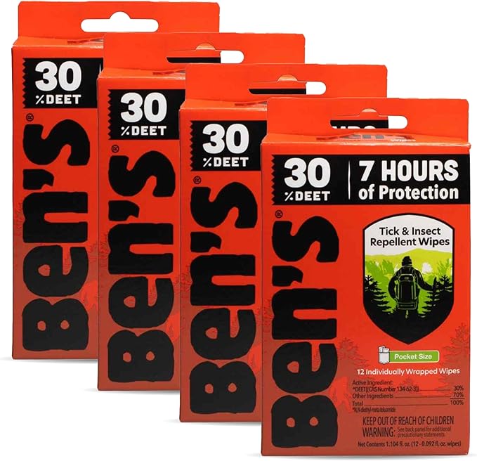 Ben's Tick & Insect Repellent Wipes - 30% DEET for Mosquitoes, Ticks & More - Up to 7 Hours of Protection - Alcohol- & Fragrance-Free - 12 Wipes (4 Pack)