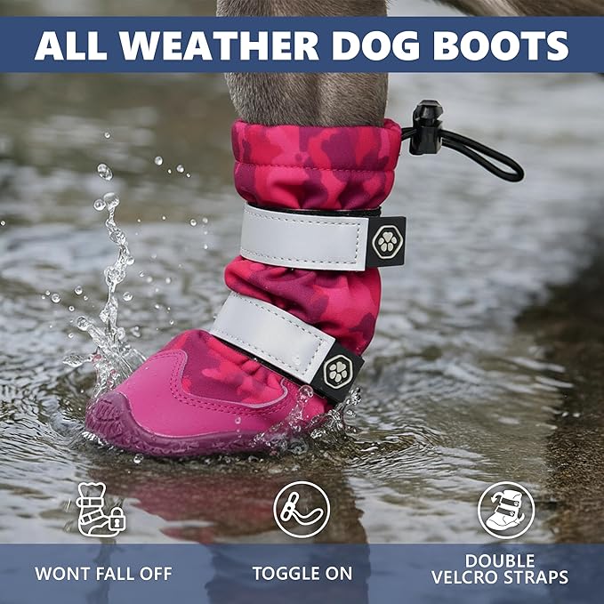 Spark Paws Dog Shoes, Waterproof Dog Boots for Medium to Large Dogs, Non Slip, Breathable Dog Booties and Paw Protectors - 4PCS Doggie Hiking Boots with Reflective Straps, Pink Camo, Size 3