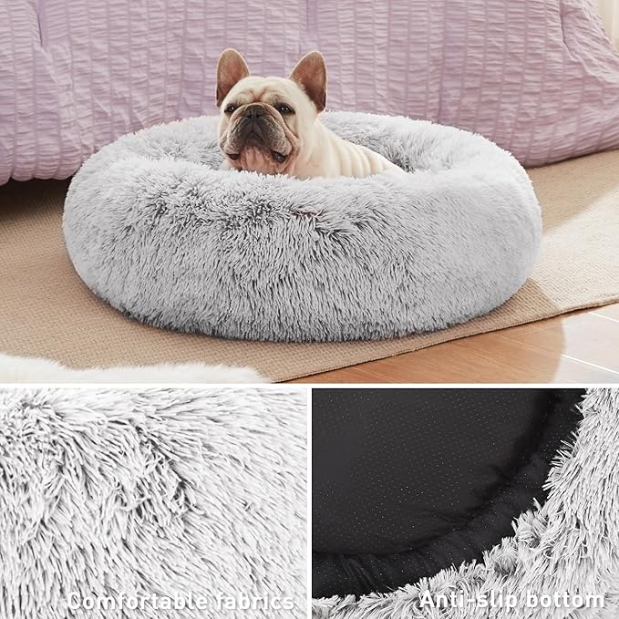 Love's cabin Calming Cat Bed for Indoor Cats,Anti-Anxiety Donut Round Dog Bed,Fluffy Faux Fur Washable Pet Bed for Small Medium Dogs and Cats,Grey,24in