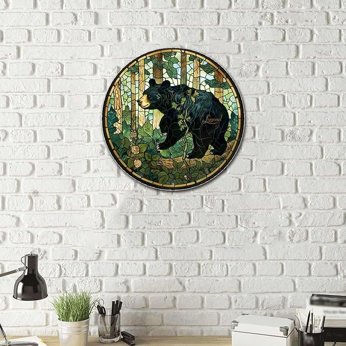 Lygond Metal Sign Tin Sign Circular Stained Glass American Black Bear Minimalist Wall Art for Garage 8×8 Inches