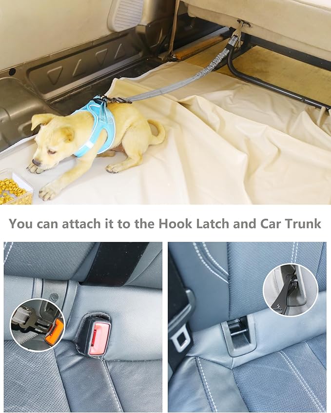 AUBELL Dog Seat Belt for Car,Updated 3-in-1 Adjustable Reflective Bungee Heavy Duty Dog Car Harness Tether with Clip Hook Latch & Buckle,Swivel Zinc Alloy Carabiner,Grey