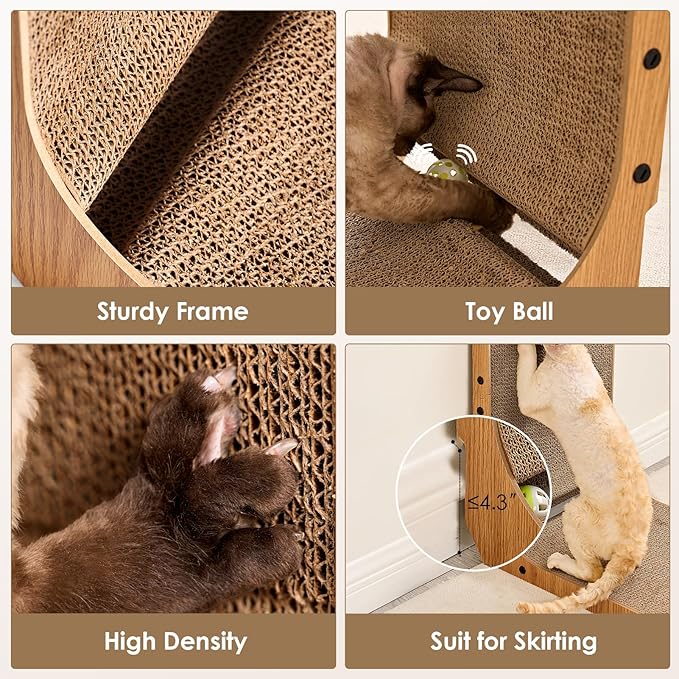 EHEYCIGA Cardboard Cat Scratcher for Indoor Kitten Cats, 19 Inch L Shaped Vertical Cat Scratching Board with Ball Cat Toy, Small Cat Scratcher Pad, Brown