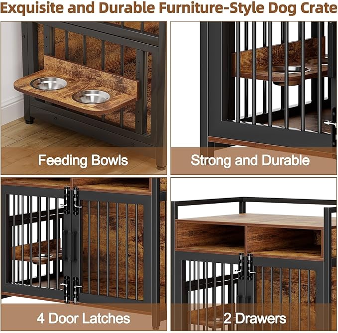 Large Dog Crate Furniture, 41 Inch Wooden Dog Crate, Heavy Duty Dogs Kennel with 2 Drawers Storage, 360° Adjustable Raised Feeder, Indoor Dogs House End Table