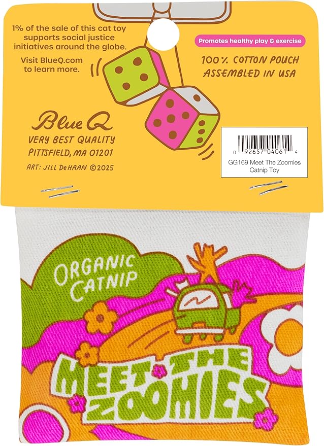 Blue Q Meet The Zoomies Catnip Cat Toy. Premium Organic Catnip Grown in The USA, 100% Cotton Pouches, Kitty Graphics Sure to Delight Every Cat-Keeper.