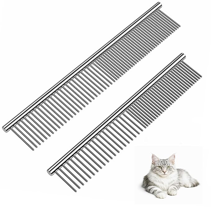 Dog Comb and Cat Combs Stainless Steel Teeth, Grooming Tool for Long & Short Hair, Dematting Comb for Dogs, Removes Tangles & Knots (Small and Large Silver)