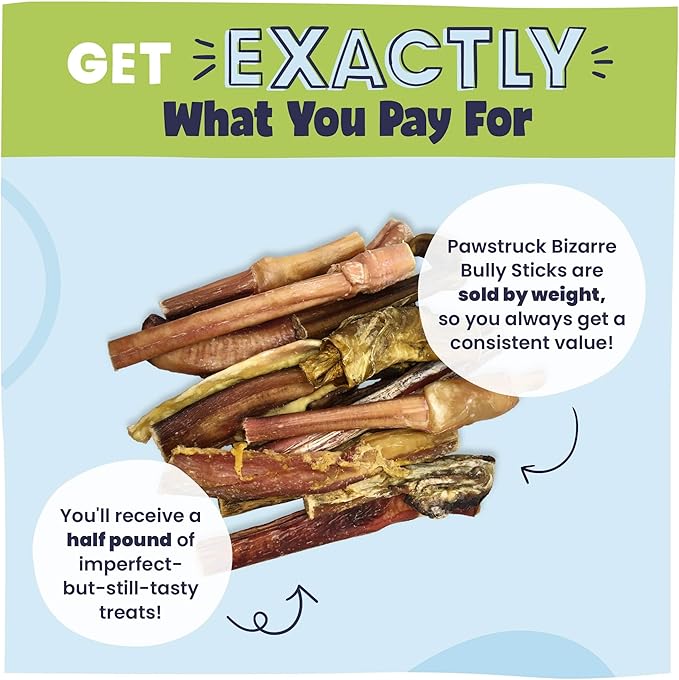 Pawstruck Natural Bizarre Bully Sticks Bargain Bag for Dogs and Puppies – Variety Pack of 5–7" Long-Lasting, Eco-Conscious Beef Chew Treats – 8 oz Bag – Packaging May Vary
