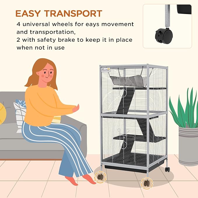 PawHut Metal Small Animal Cage, 4-Tiers Rolling Big Ferret Cage with Hammock, Removable Tray, for Chinchilla, Sugar Glider, White