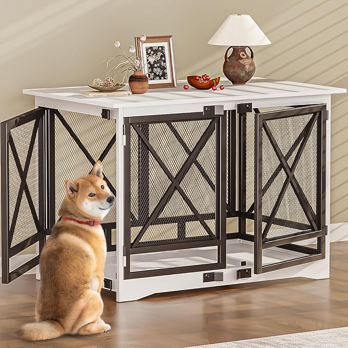 COZPAW Large Dog Crate Furniture - 48 inch Heavy Duty Dog Kennel Indoor for XLarge Breed with Double Doors, Wooden Dog Cage XL Modern Decorative End Table Pet House (White)