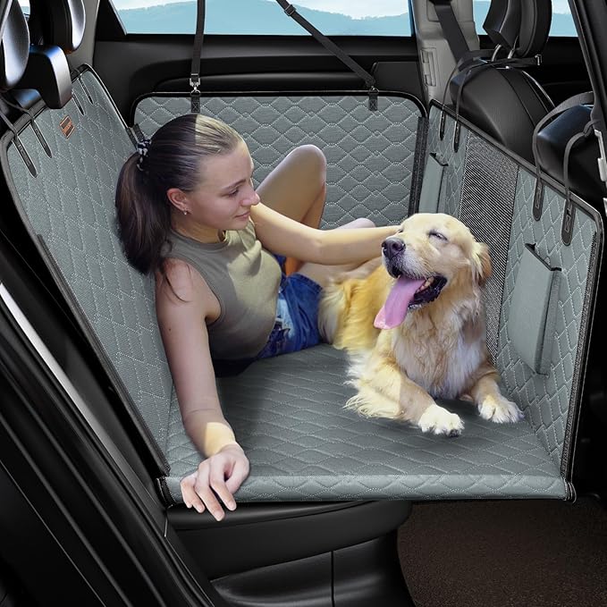 MIXJOY Back Seat Extender - Hard Bottom Dog Car Seat Cover, Waterproof & Foldable Dog Hammock for Car Travel, Grey