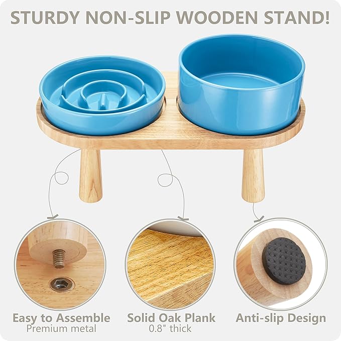 Ceramic Slow Feeder and Water Bowl Set for Small Dogs, Ceramic Dog Bowls Elevated with Wooden Stand, 0.6 Cups Dog Slow Feeder(14oz) and 30oz Water Bowl Set, Blue