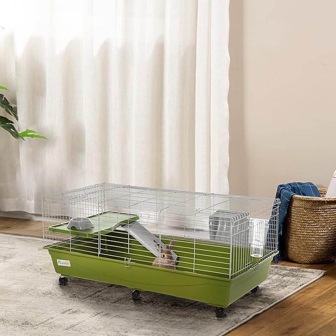 PawHut 47" L Small Animal Cage, Rolling Bunny Cage, Guinea Pig Cage with Food Dish, Water Bottle, Hay Feeder, Platform, Ramp for Chinchilla, Green