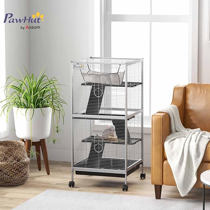 PawHut Metal Small Animal Cage, 4-Tiers Rolling Big Ferret Cage with Hammock, Removable Tray, for Chinchilla, Sugar Glider, White