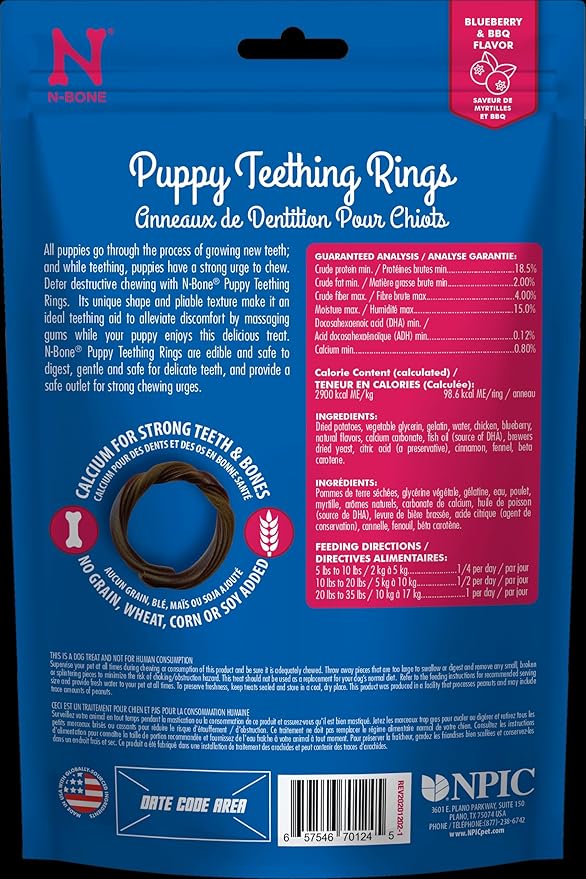 N-Bone Puppy Teething Rings Grain-Free Blueberry & BBQ Flavor Dog Treat, 6 Count Bag, 7.2-oz