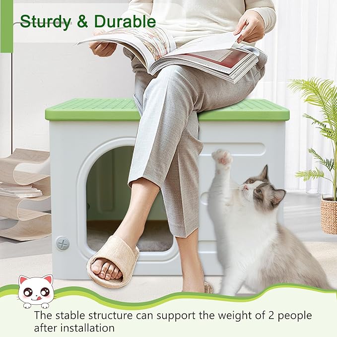 Rockever Plastic Cat House Outdoor with Escape Door, Waterproof Feral Cat House Outdoor Indoor, Sturdy Cat House for Outdoor Cats with Cat Bed Mat, Assemble Easily-Green