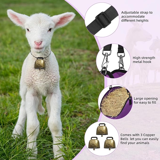 3 PCS Goat Hay Feeder,Hay Bags for Horses,Goats,Donkeys with Reinforced Oxford Fabric and High Strength Metal Clasp,Horse Feeding Supplies with Adjustable Strap for Easy Hanging(2Purple+1Orange)