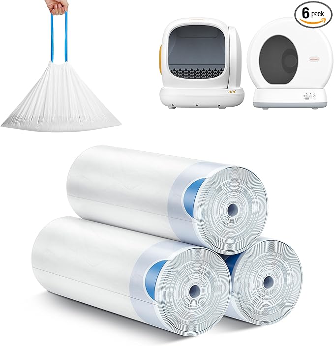 MeoWant Cat Litter Box Liner -120PCS Heavy Duty Drawstring Trash Bags for MeoWant MW-SC01/MW-SC02 Automatic Self-Cleaning Boxes, Extra Thick Leakproof, 6 Rolls (20 Bags/Roll)
