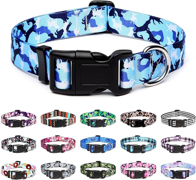 Mercano Adjustable Dog Collar - Special Design Patterns, Soft Nylon Comfortable Durable Pet Collar for Small Medium Large Dogs (M, Dog Camouflage Blue)