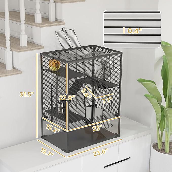 PawHut Large Hamster Cage with Deep Tempered Glass Bottom, 4 Tiers Hamster Tank with Running Wheel, Hut, Water Bottle, Dish, Rat Cage for Syrian, Dwarf, Gerbils, Mouse, 24" x 16" x 31.5", Black