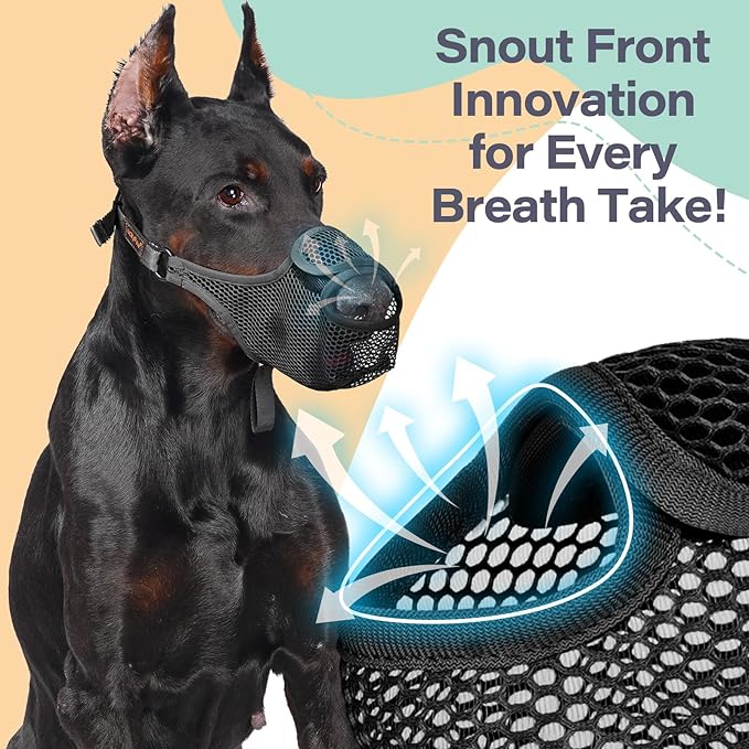 LUCKYPAW Dog Muzzle for Large Medium Small Dogs, Patented Mesh Muzzle to Prevent Biting Chewing Eating, Soft Mouth Guard with Front Opening Design for Drinking Panting (Black, XXL)