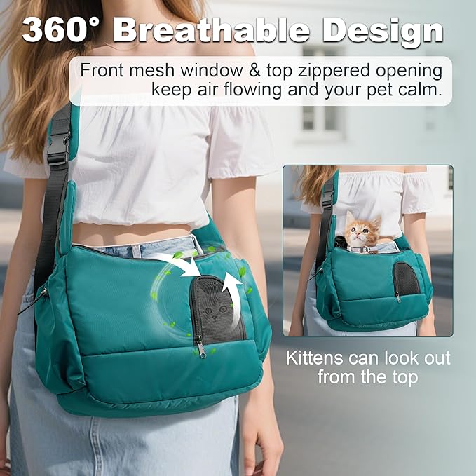 Dog Sling Carrier for Small Pets, Hands-Free Cat Carrier Pouch up to 8.8 lb, Cat Sling with Safety Strap and Pockets, Ideal for Travel and Daily Use, Peacock Blue
