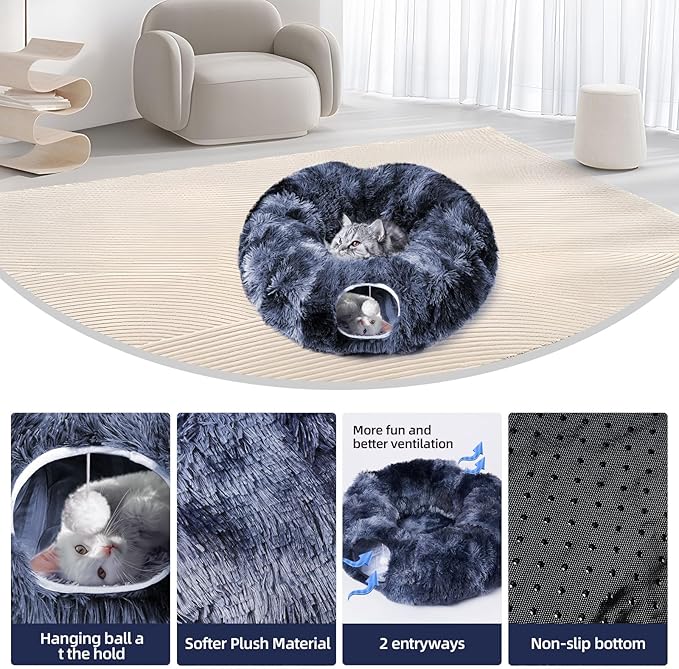 Odoland Cat Tunnels for Indoor Cats with Fluffy Plush Central Cat Couch and 20 Cat Toys, Tunnel Bed for Cats with Hanging Ball, Detachable Soft Mat and Variety Kitty Toy Set, Deep Blue