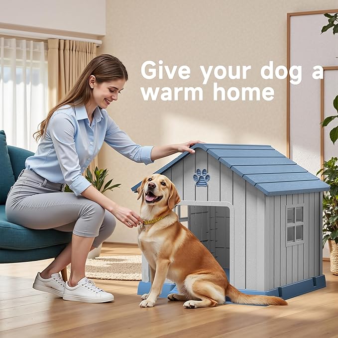 Vixzen 38in Large Outdoor Dog House,Durable Water Resistant Resin Dog House,Doghouse for Small to Large Dogs Indoor or Outside,with Air Vent and Elevated Floor,Blue