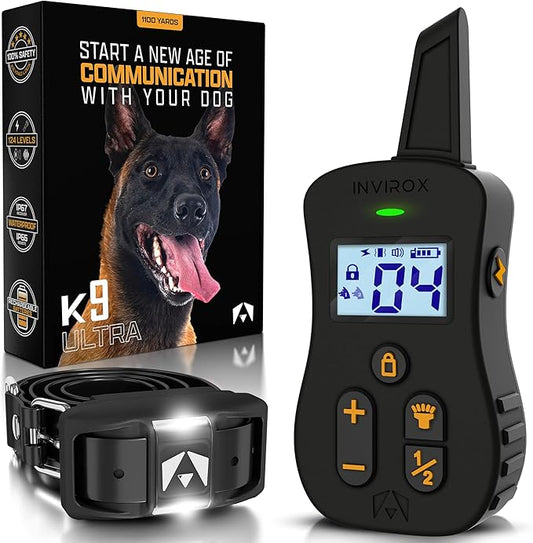 INVIROX Dog Shock Collar [Ultra K9] 124 Training Levels, 4 Powerful Modes with Night-Light and ¾ Mile Range 100% Safe Dog Training Collar for Large Dogs IP67 Waterproof (Black)