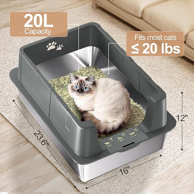 Sousia 2 Packs XL Stainless Steel Cat Litter Box with Lid High Sides, Extra Large Metal Litter Box, Non-Sticky Anti-Leakage Easy Cleaning for Large & Multiple Cats,Scoop Included