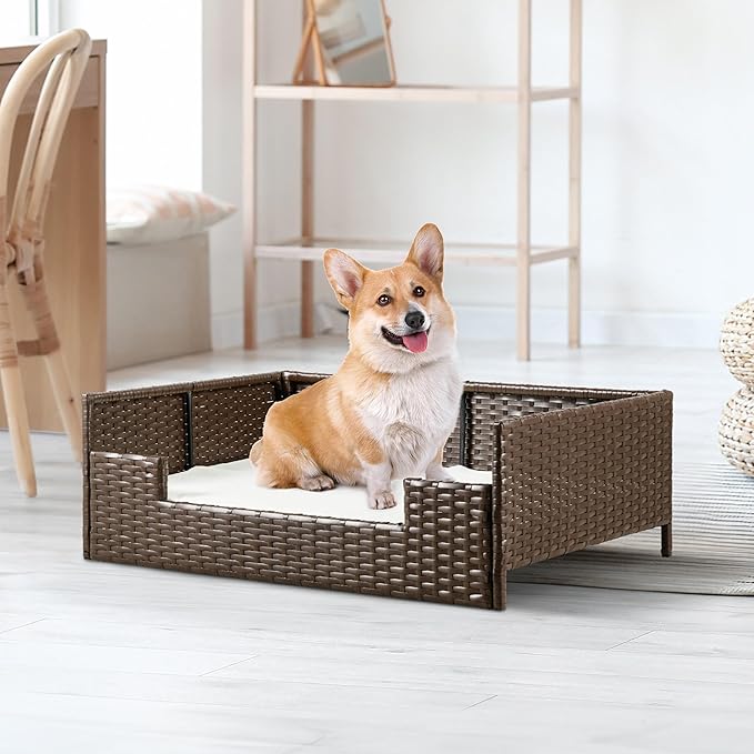 YITAHOME Rattan Dog Sofa Bed with Cushion,Wicker Pet Bed Sofa Couch Indoor Outdoor Water Unaffected for Large Medium Small Dogs Cats (24.8''L*19.7''W*9.8'',Beige)