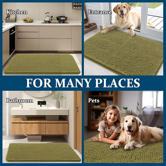 OLANLY Dog Door Mat for Muddy Paws 44x24, Absorbs Moisture and Dirt, Absorbent Non-Slip Washable Doormat, Quick Dry Chenille Mud Mat, Entry Indoor Entryway Carpet for Inside Floor, Willow Green