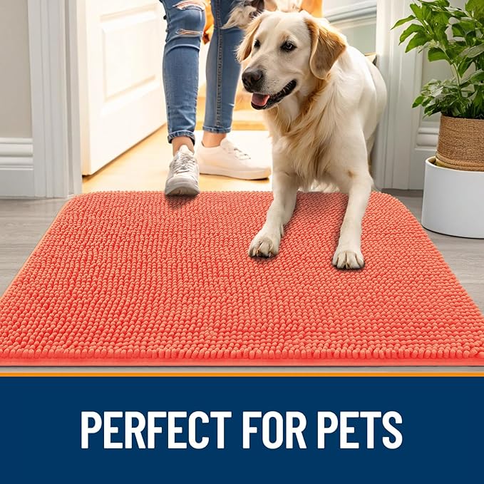 OLANLY Dog Door Mat for Muddy Paws 24x16, Absorbs Moisture and Dirt, Absorbent Non-Slip Washable Doormat, Quick Dry Chenille Mud Mat for Dogs, Entry Indoor Entryway Carpet for Inside Floor, Coral
