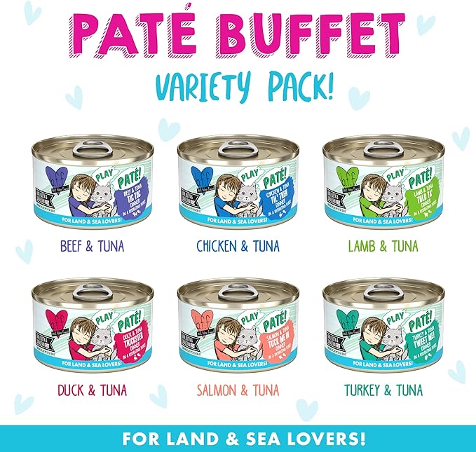 Weruva B.F.F. Play - Best Feline Friend Paté Lovers, Aw Yeah!, Play Paté Buffet Variety Pack, 2.8oz Can (Pack of 18)