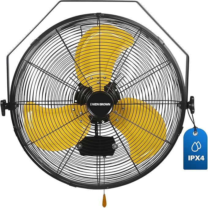 KEN BROWN 20 Inch Outdoor Wall Mount Fan, 3-speed IPX4 Waterproof, Max. 4,650 CFM Wall Mounted Fan for Outdoor, Commercial, Residential, Greenhouse, Workshop, Patio, Black, ETL Listed