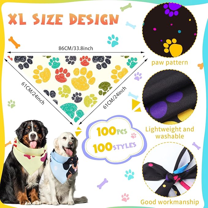 100 Pcs Paw Dog Bandanas Bulk Paw XL Pet Bandanas Colorful Triangle Pet Bibs Scarfs for Medium Large Dogs Spring Summer Birthday Holiday Costume Decoration