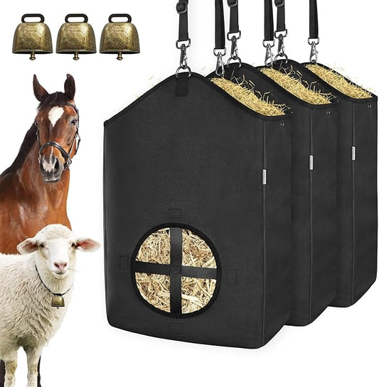 3 PCS Goat Hay Feeder,Hay Bags for Horses,Goats,Donkeys with Reinforced Oxford Fabric and High Strength Metal Clasp,Horse Feeding Supplies with Adjustable Strap for Easy Hanging (3Black)