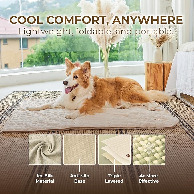Dog Cooling Mat- Ice Silk Summer Comfort, Self Cooling, Non-Slip Dog Pad, Durable & Washable, Mat for Small Dogs 45x55 cm, Support Shelter Dogs with Every Purchase (Beige)