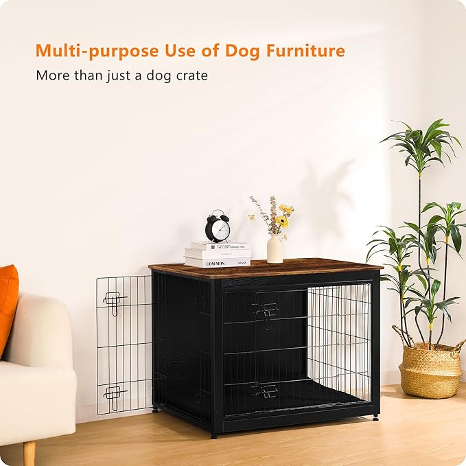 DWANTON Dog Crate Furniture with Cushion, Wooden Kennel Table with Double Doors, Indoor Dog House, Large Size, 38.5" L, Black+Rustic Brown